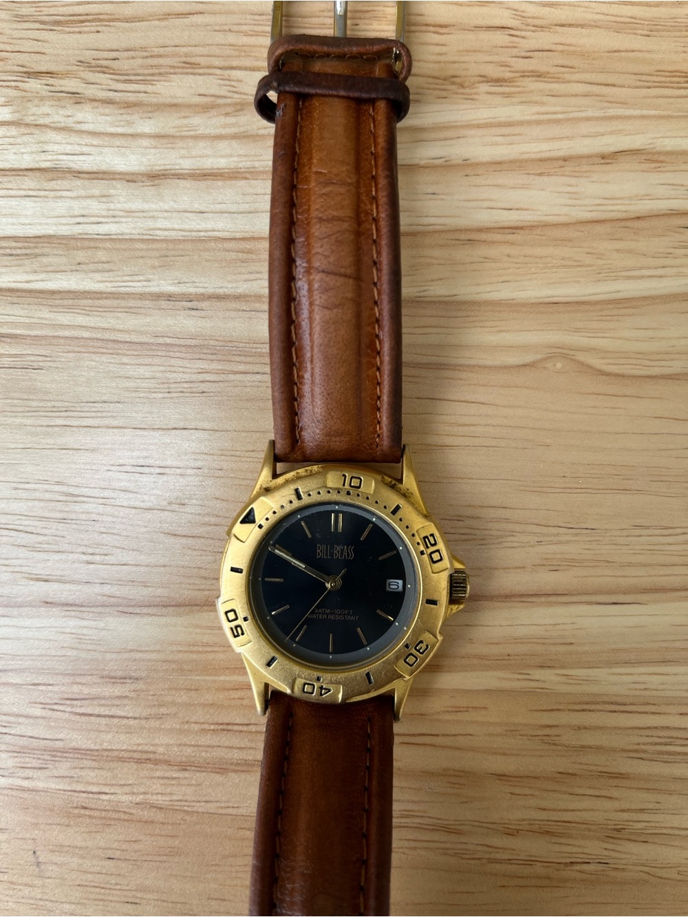 Bill Blass Gold and Black Men's Watch with Brown Leather Strap